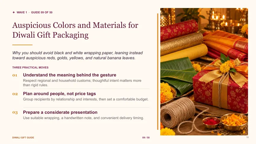 Diwali gift guide slide 9: Auspicious Colors and Materials for Diwali Gift Packaging