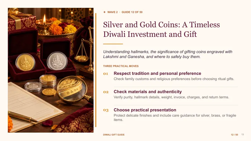 Diwali gift guide slide 12: Silver and Gold Coins: A Timeless Diwali Investment and Gift