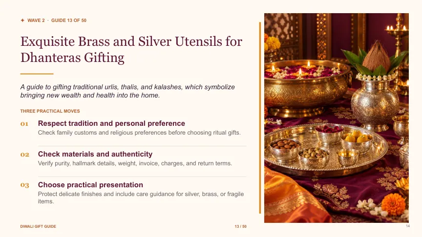 Diwali gift guide slide 13: Exquisite Brass and Silver Utensils for Dhanteras Gifting