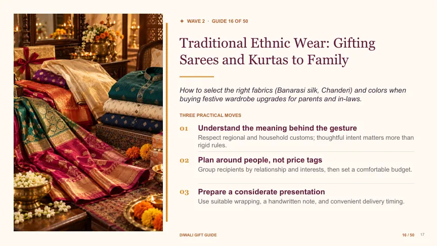 Diwali gift guide slide 16: Traditional Ethnic Wear: Gifting Sarees and Kurtas to Family
