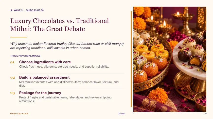 Diwali gift guide slide 23: Luxury Chocolates vs. Traditional Mithai: The Great Debate