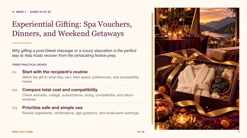 Diwali gift guide slide 25: Experiential Gifting: Spa Vouchers, Dinners, and Weekend Getaways