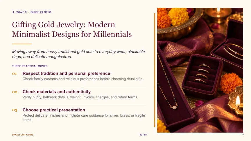 Diwali gift guide slide 29: Gifting Gold Jewelry: Modern Minimalist Designs for Millennials