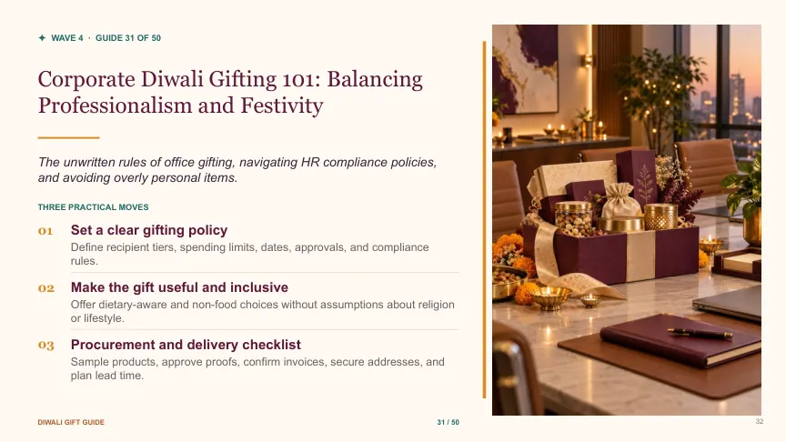 Diwali gift guide slide 31: Corporate Diwali Gifting 101: Balancing Professionalism and Festivity