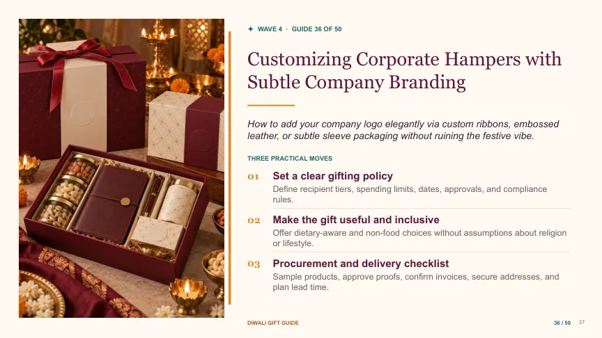 Diwali gift guide slide 36: Customizing Corporate Hampers with Subtle Company Branding