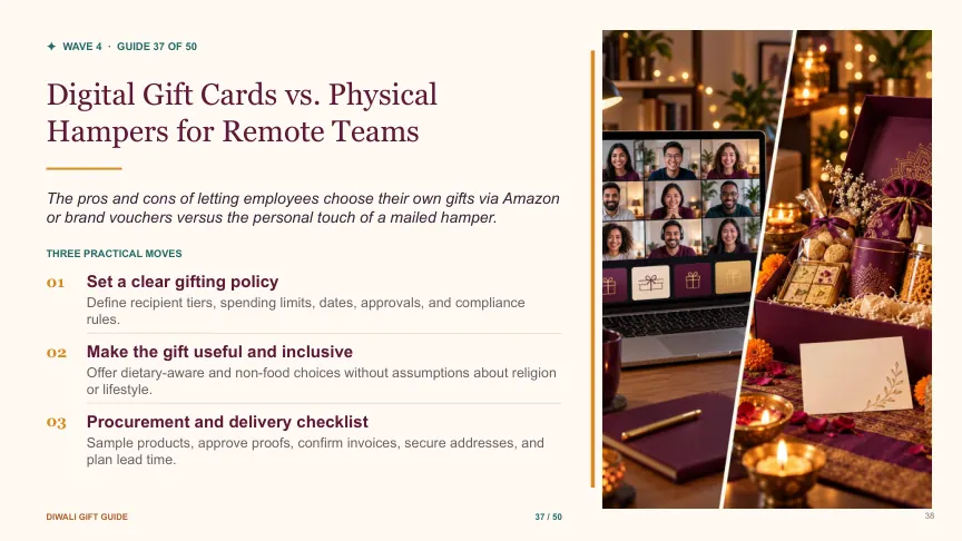 Diwali gift guide slide 37: Digital Gift Cards vs. Physical Hampers for Remote Teams