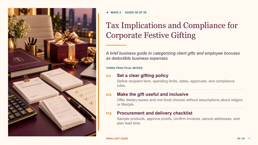 Diwali gift guide slide 40: Tax Implications and Compliance for Corporate Festive Gifting