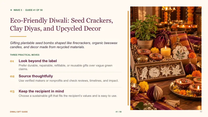 Diwali gift guide slide 41: Eco-Friendly Diwali: Seed Crackers, Clay Diyas, and Upcycled Decor