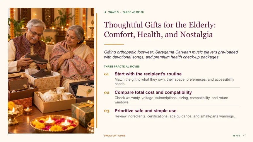 Diwali gift guide slide 46: Thoughtful Gifts for the Elderly: Comfort, Health, and Nostalgia