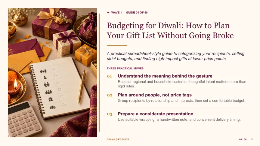 Diwali gift guide slide 4: Budgeting for Diwali: How to Plan Your Gift List Without Going Broke