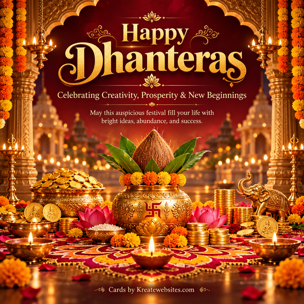 Ornate Golden Dhanteras Celebration Card - Dhanteras greeting image