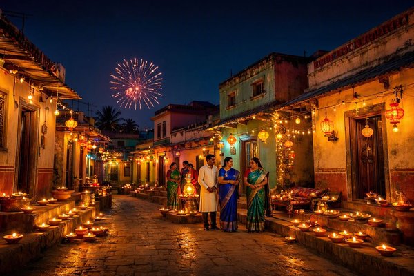 Village setting with traditional Diwali lights