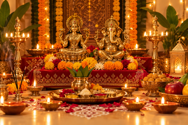 Lakshmi and Ganesha idols arranged for Diwali worship