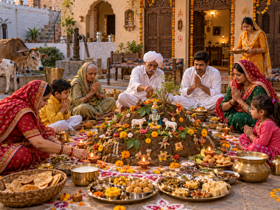 Govardhan Puja gathering in a festive courtyard