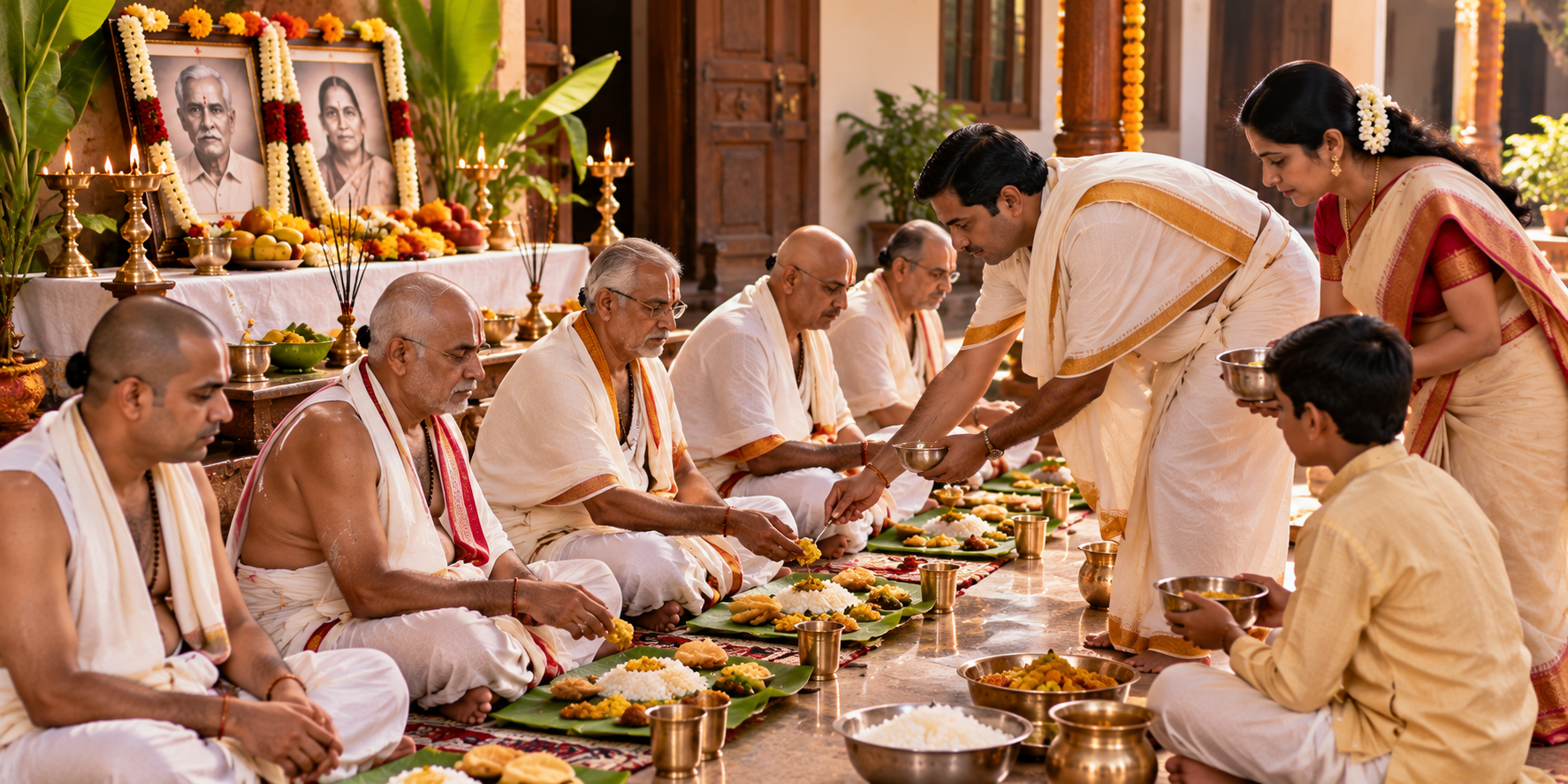 Family serving a traditional meal to Brahmin priests seated in a row during Shraddha, with ancestor portraits and ritual lamps in the background.