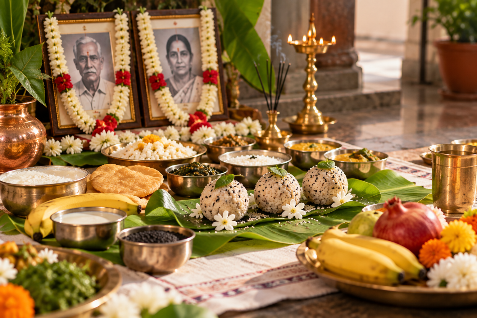 Traditional Shraddha food offerings with rice pindas, puri, bananas, fruit, brass bowls, flowers, incense and ancestor portraits.