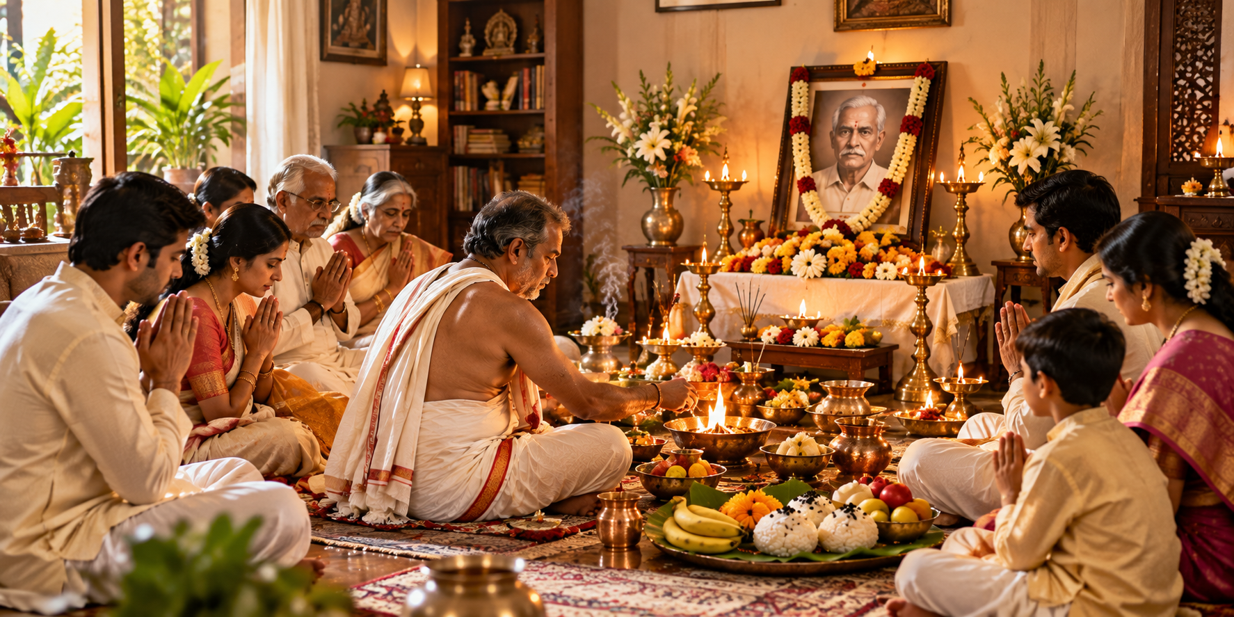 Indian family and priest performing Shraddha vidhi inside a home with lamps, offerings, sacred fire and an ancestor portrait.
