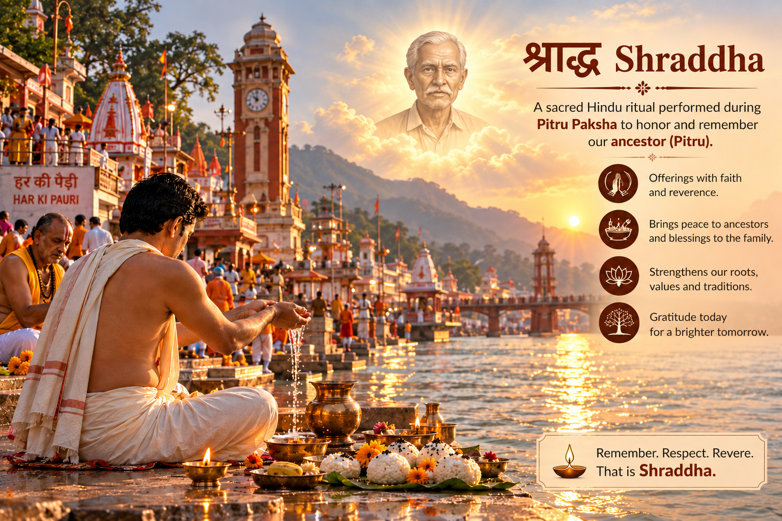Family remembering departed ancestors during Pitru Paksha with a quiet home prayer and photographs of loved ones.