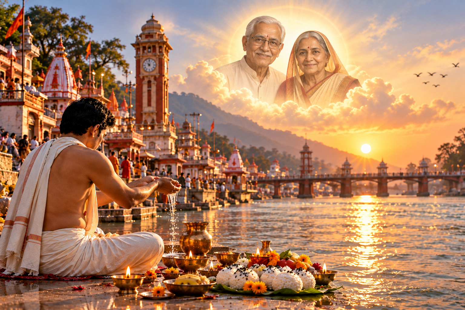 A reflective Shraddha remembrance scene centered on family memory, prayer and honoring departed ancestors.