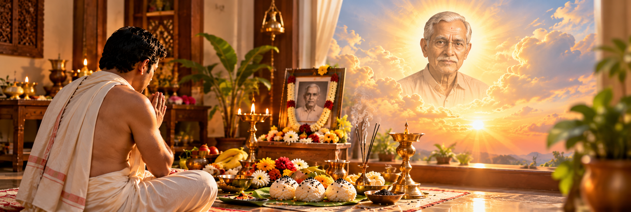 Wide devotional Shraddha scene with ancestral remembrance, ritual offerings and a calm ceremonial setting.